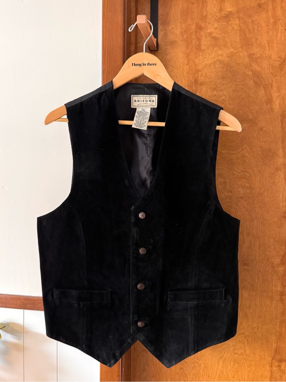 Vintage Arizona Jean Company Black Suede Leather Vest Button Front Men’s Small